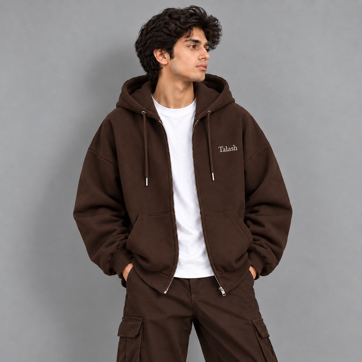 Dark drown baggy Zip Hoodie