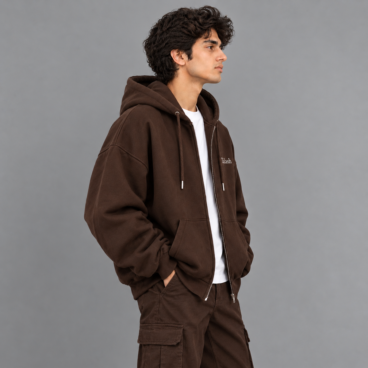 Dark drown baggy Zip Hoodie