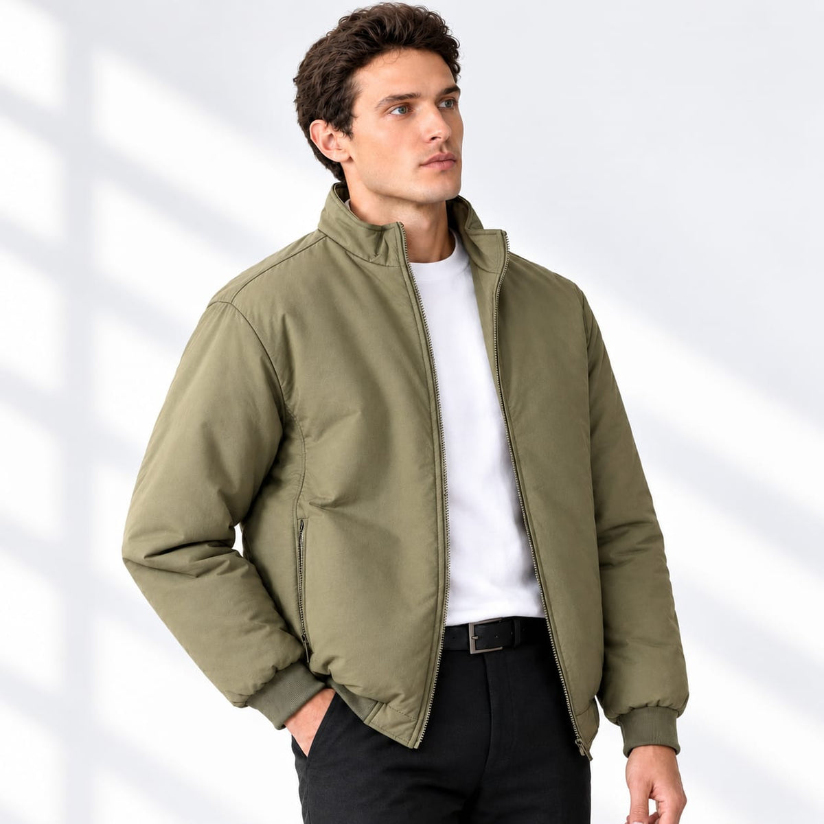Men’s Khaki Bomber Jacket with a Stand Collar