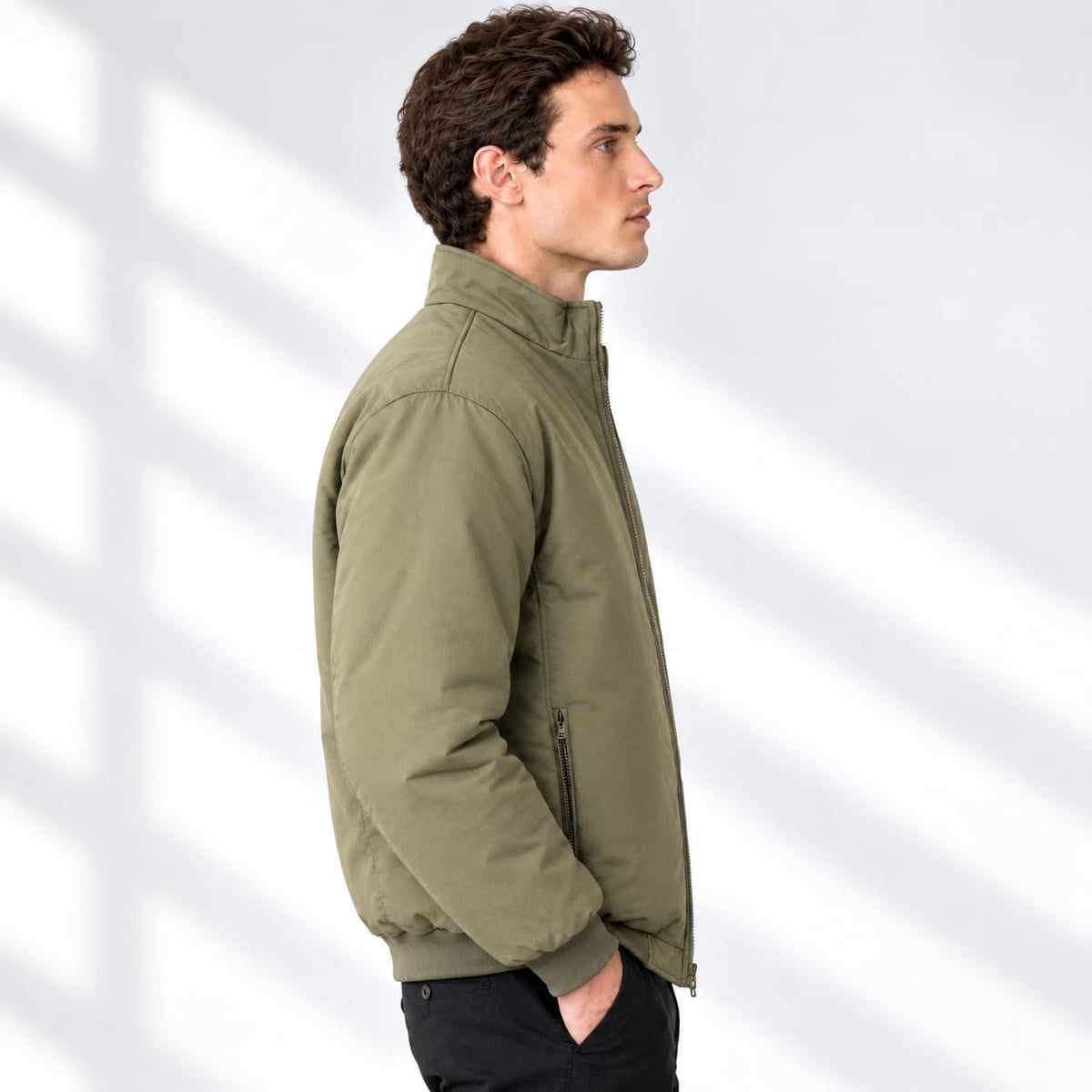 Men’s Khaki Bomber Jacket with a Stand Collar